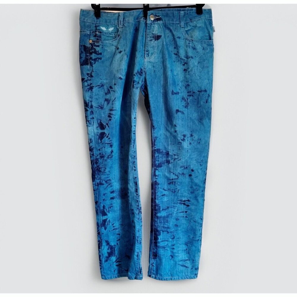 Robins Jean Men’s 42 Blue Tie-Dye Straight Leg Jeans Wings Logo Edgy Urban Rock